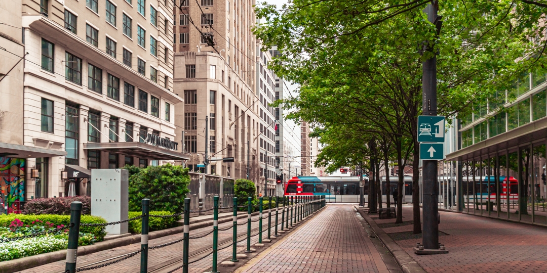 Downtown Houston street lined with tall buildings, green trees, and a red-and-blue light rail train, showcasing a clean, well-maintained urban landscape that reflects professional tree care.